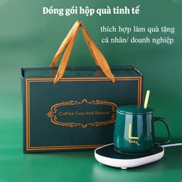 Bộ Cốc Hâm Nóng đồ uống kèm đế điện, Bộ ly sứ kèm đế điện hâm nóng trà, cafe, hâm sữa Tặng kèm thìa vàng, hộp sang trọng 3