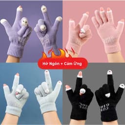 (Siêu Rẻ) Găng tay nữ dệt kim cảm ứng ấm áp Gấu Trúc hở ngón 2