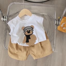 Bộ quần áo bé trai, set bộ áo cotton tay hến họa tiết thêu đắp chú Gấu quàng khăn kèm quần short siêu dễ thương cho bé 1