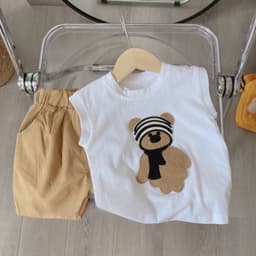 Bộ quần áo bé trai, set bộ áo cotton tay hến họa tiết thêu đắp chú Gấu quàng khăn kèm quần short siêu dễ thương cho bé 2