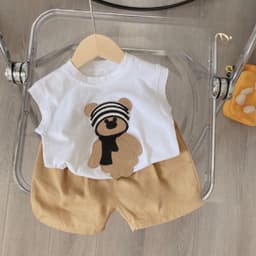 Bộ quần áo bé trai, set bộ áo cotton tay hến họa tiết thêu đắp chú Gấu quàng khăn kèm quần short siêu dễ thương cho bé 3
