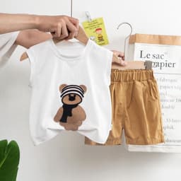 Bộ quần áo bé trai, set bộ áo cotton tay hến họa tiết thêu đắp chú Gấu quàng khăn kèm quần short siêu dễ thương cho bé 5