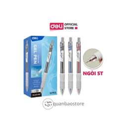 1 hộp 12 cây Bút gel bấm đệm xốp cực êm Deli G104 nét 0.5mm, ngòi ST, mực xanh, đỏ, đen. 1