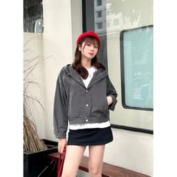 Áo Khoác Kaki Jolly Nữ Gooan - 100% Cotton, Kiểu Dáng Boxy Hàn Quốc, Có Mũ, Nhiều Màu Pastel Đẹp, Hồng, Xám, Be, Đen. 7