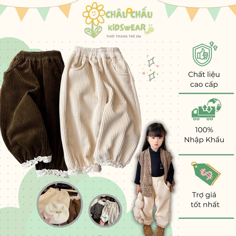 Sữa Quần Nỉ Bé Gái Thu Đông – Quần Jogger Dày Dặn, Lót Lông, Quần Nỉ Ren Sang Trọng Quảng Châu