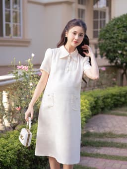 Váy đầm bầu chất liệu gấm thiết kế dáng suông cổ hồ điệp cách điệu hiện đại, thanh lịch LYMMOM VB159 5