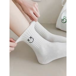 Set 5 Đôi Tất Nữ Cổ Cao Cotton Tông Trắng Mặt Cười Xanh Hình Cute Phong Cách Hàn Quốc tt54 7