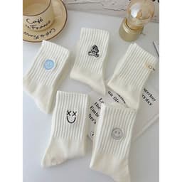 Set 5 Đôi Tất Nữ Cổ Cao Cotton Tông Trắng Mặt Cười Xanh Hình Cute Phong Cách Hàn Quốc tt54 5