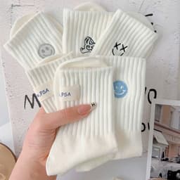 Set 5 Đôi Tất Nữ Cổ Cao Cotton Tông Trắng Mặt Cười Xanh Hình Cute Phong Cách Hàn Quốc tt54 8