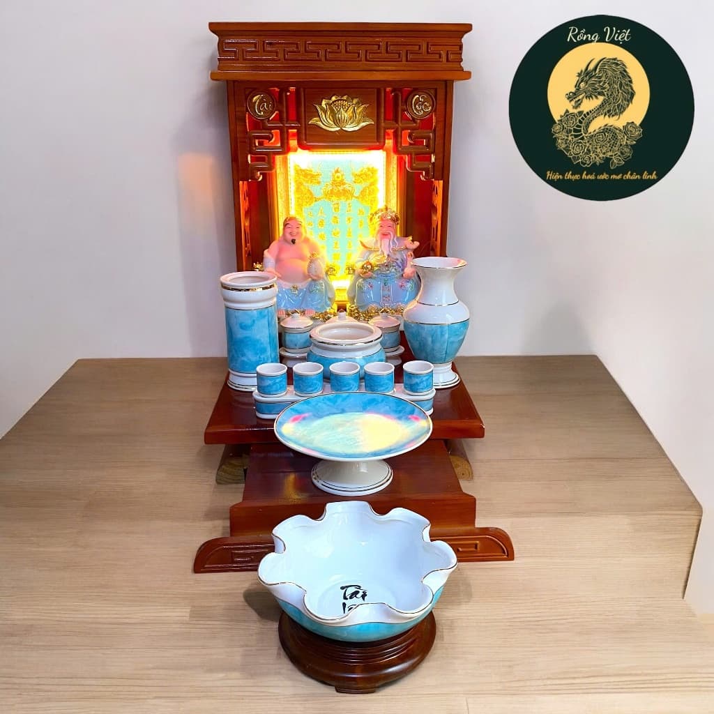 Set ban thờ thần tài tài lộc xanh ngọc RỒNG VIỆT, Bộ thần tài đầy đủ cho gia chủ mệnh mộc, thuỷ