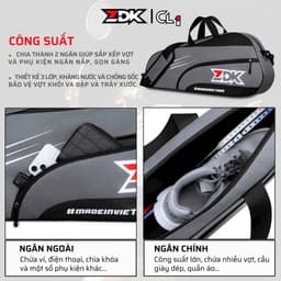 Túi đựng vợt đi tập luyện thi đấu cầu lông ZDK CL1 chính hãng xịn tốt bền đẹp 2 ngăn rộng rãi giá rẻ 6
