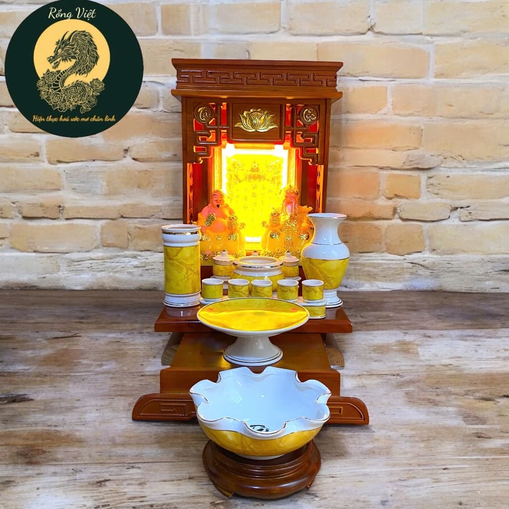 Set ban thần tài men đá vàng RỒNG VIỆT, bộ thờ thần tài đầy đủ cho gia chủ mệnh thổ, kim