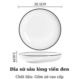 Đĩa sứ sâu lòng viền đen vân sọc size 16 18 20cm Dĩa tròn sứ sâu lòng viền đen vân sọc gốm sứ cao cấp 2