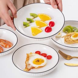 Đĩa sứ sâu lòng viền đen vân sọc size 16 18 20cm Dĩa tròn sứ sâu lòng viền đen vân sọc gốm sứ cao cấp 3