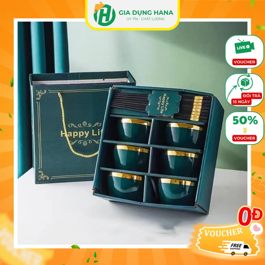 Bộ Chén Bát Sứ Xanh Cổ Vịt Viền Vàng Phong Cách Nhật Bản Sang Trọng M88