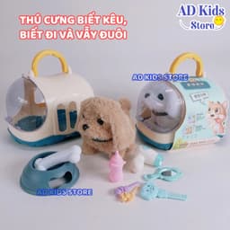 Đồ chơi lồng chăm sóc thú cưng chó bông, mèo bông, thỏ bông biết đi biết kêu vẫy đuôi kèm phụ kiện cho bé - AD KIDS STOR 2