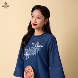 [ẨN] Áo Dài Jeans Nữ GENVIET JEANS Dáng Suông Tay Loe Lửng Thuê Họa Tiết Diện Tết Du Xuân 2025 W241.G. 8826 2