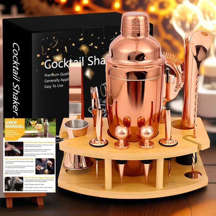 Bộ 12 món dụng cụ pha chế shaker trà sữa cocktail cao cấp đi kèm đế gỗ - T0505