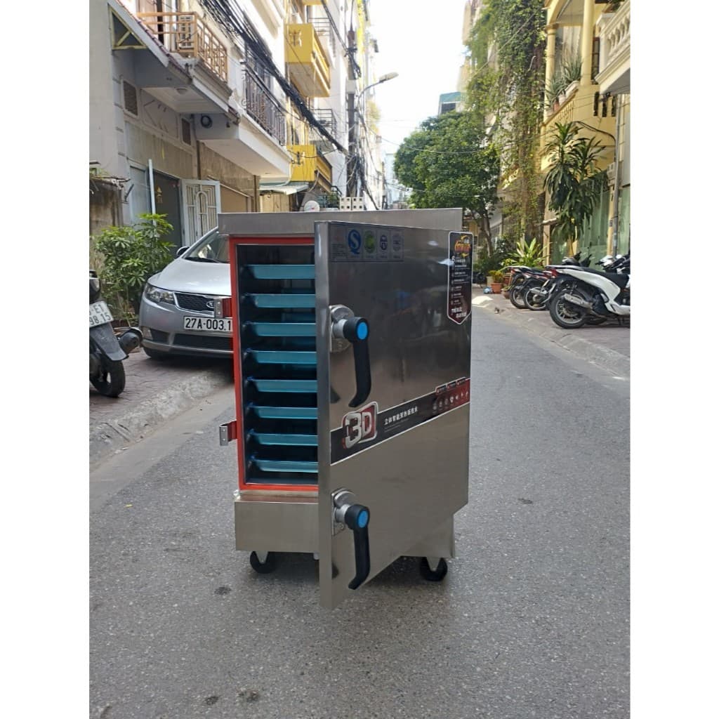 "Tủ hấp inox 6 khay cho xúc xích, lạp xưởng, giò chả, bánh tẻ, bánh nếp, bánh tét, xôi thơm ngon."