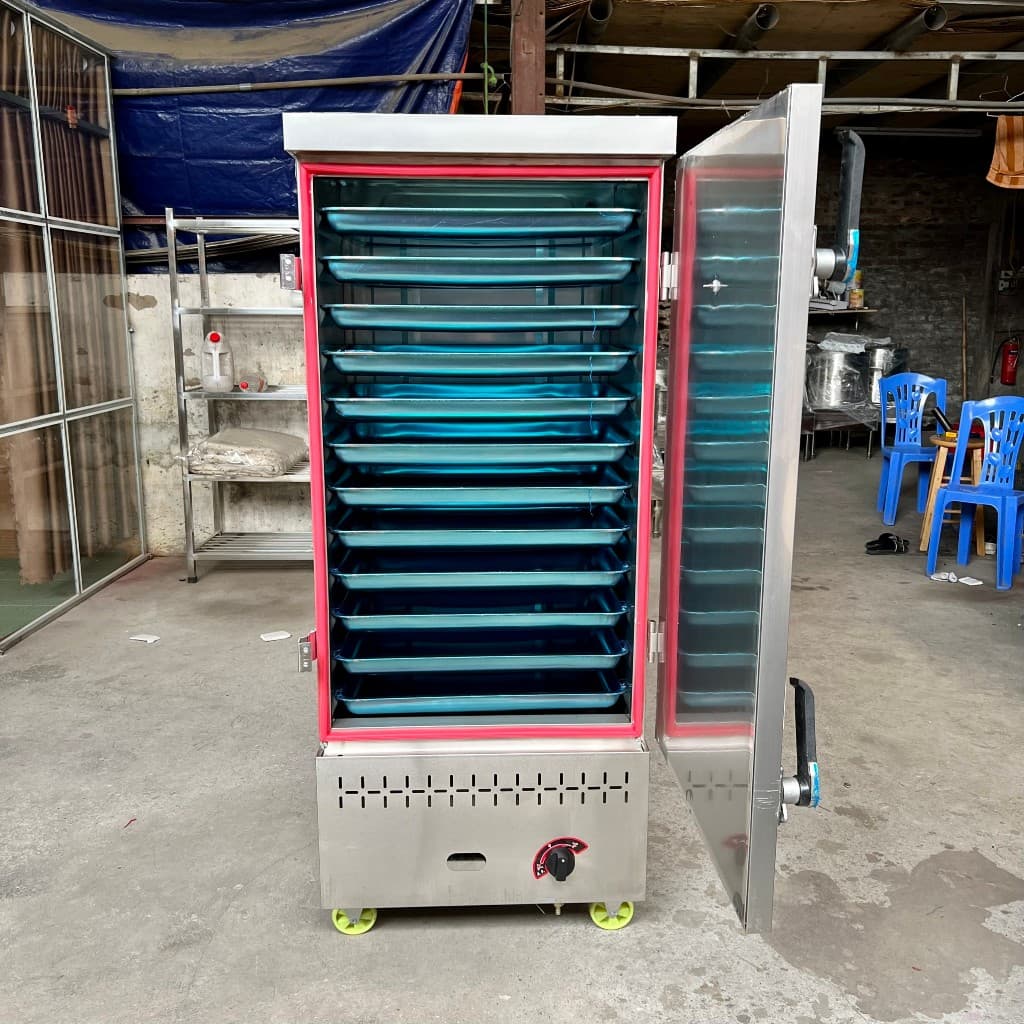 Tủ hấp cơm 12 khay bằng gas, khay inox bền bỉ, hiệu suất cao cho nhà hàng.