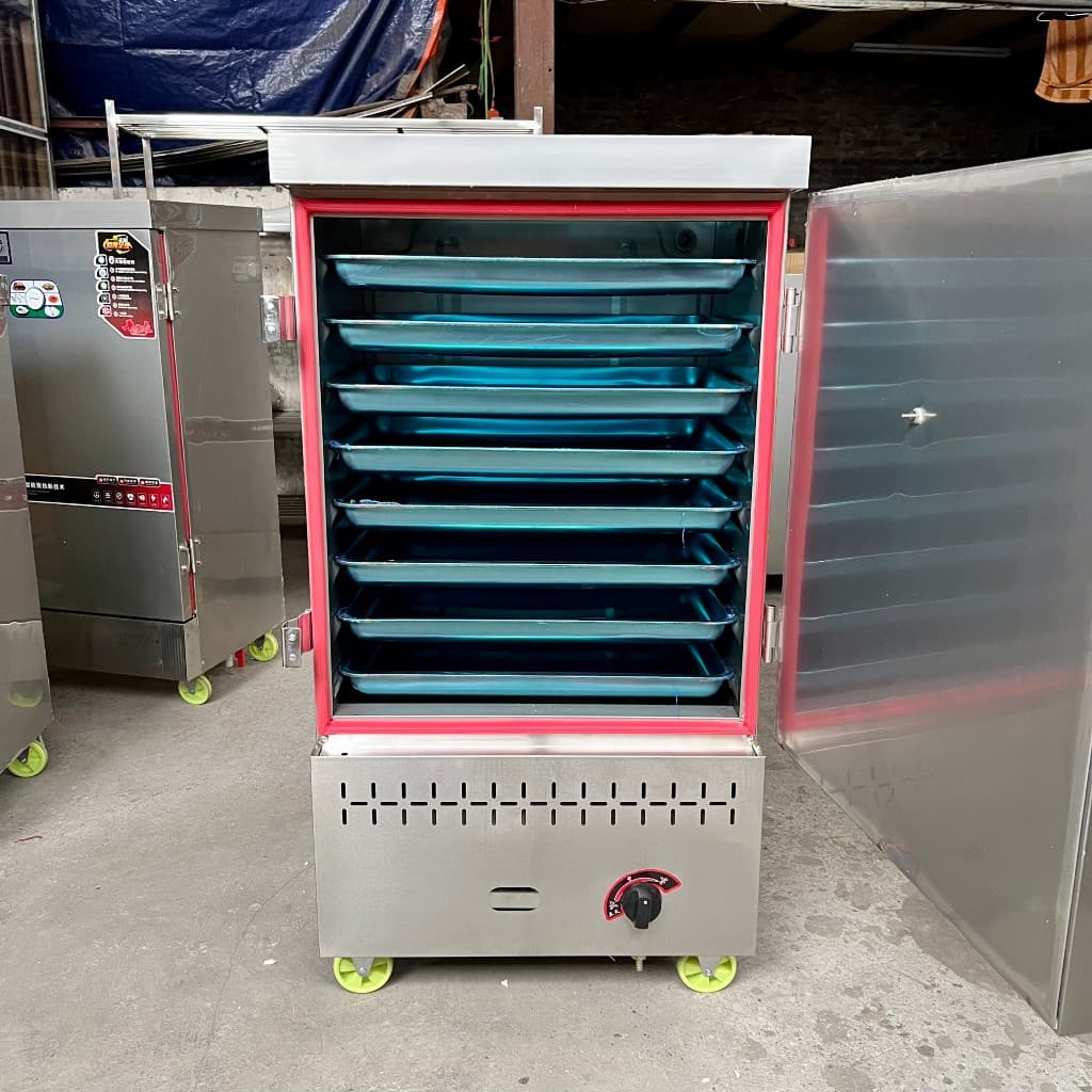 Tủ hấp giò chả xúc xích lạp xưởng chạy ga 12 khay inox-Tủ nấu cơm công nghiệp bằng gas