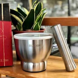 Bộ Chày Cối Inox 304 Có Nắp Đậy, Chày Cối Nguyên Khối Dã Đồ Cực Nhuyễn Mịn Tiện Lợi Cho Gia Đình 2