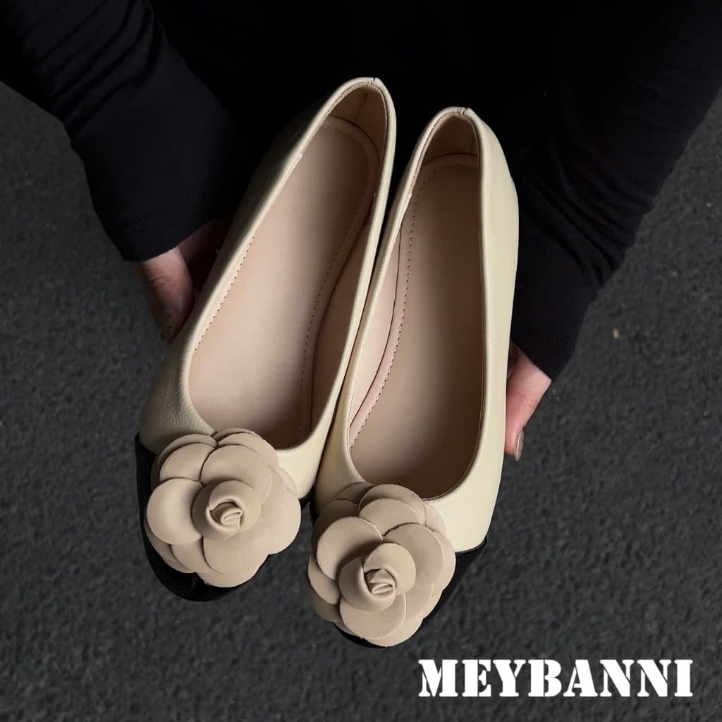 Giày Búp Bê Bệt MEYBANNI Mũi Tròn Màu Đen Kem Phối Nơ Hoa Hồng  - C22