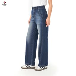 Quần jean nữ suông vừa ống rộng GENVIET JEANS cạp cao vải denim co giãn giấu bụng che chân dễ phối đồ 8736 5