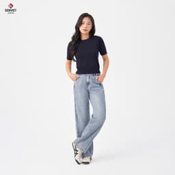 Quần jean nữ suông vừa ống rộng GENVIET JEANS cạp cao vải denim co giãn giấu bụng che chân dễ phối đồ 8736 3