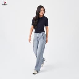 Quần jean nữ suông vừa ống rộng GENVIET JEANS cạp cao vải denim co giãn giấu bụng che chân dễ phối đồ 8736 4