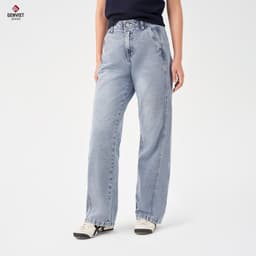 Quần jean nữ suông vừa ống rộng GENVIET JEANS cạp cao vải denim co giãn giấu bụng che chân dễ phối đồ 8736 2