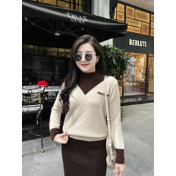 Áo len nữ Evalover, phối màu cổ V, viền tay áo đính đá, chất len mềm mịn co giãn M2807 3