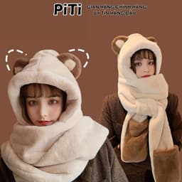 Mũ len lông cừu trùm đầu PITI phong cách hàn quốc nón len nữ kèm khăn quàng cổ và găng tay giữ ấm mùa đông dễ thương 1
