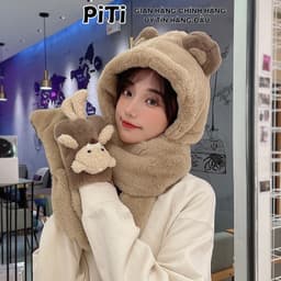 Mũ len lông cừu trùm đầu PITI phong cách hàn quốc nón len nữ kèm khăn quàng cổ và găng tay giữ ấm mùa đông dễ thương 9