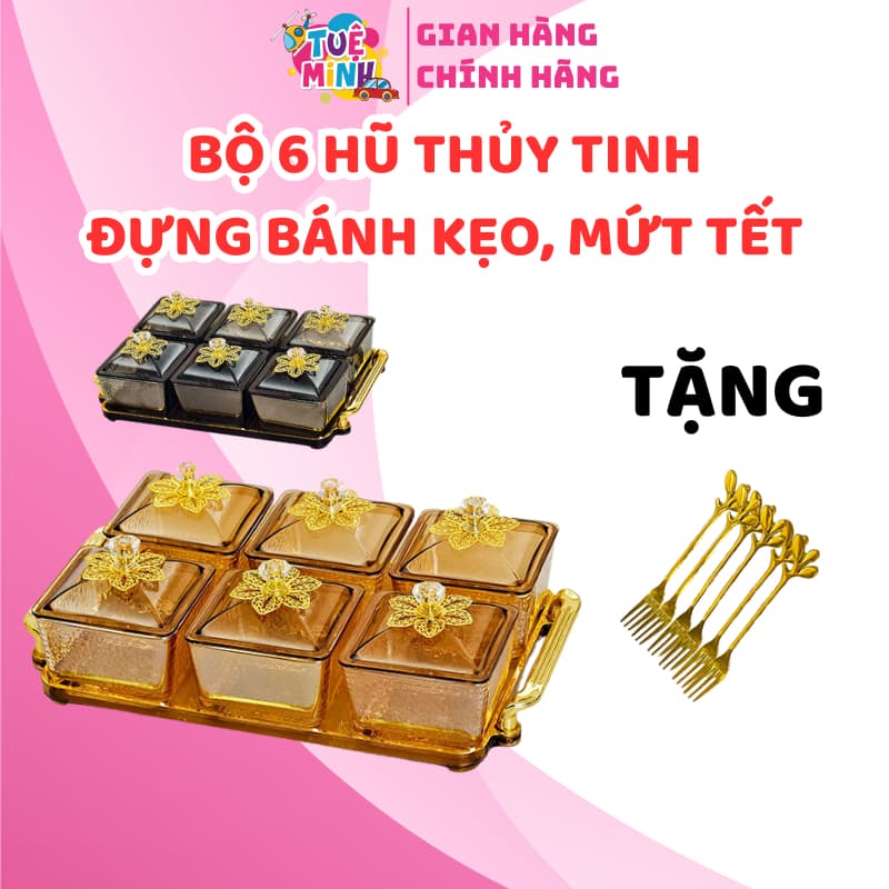 Khay Đựng Bánh Kẹo Tết, Mứt Tết 6 Hũ Thủy Tinh Kèm Dĩa Sang Trọng - Hộp Đựng Mứt Tết