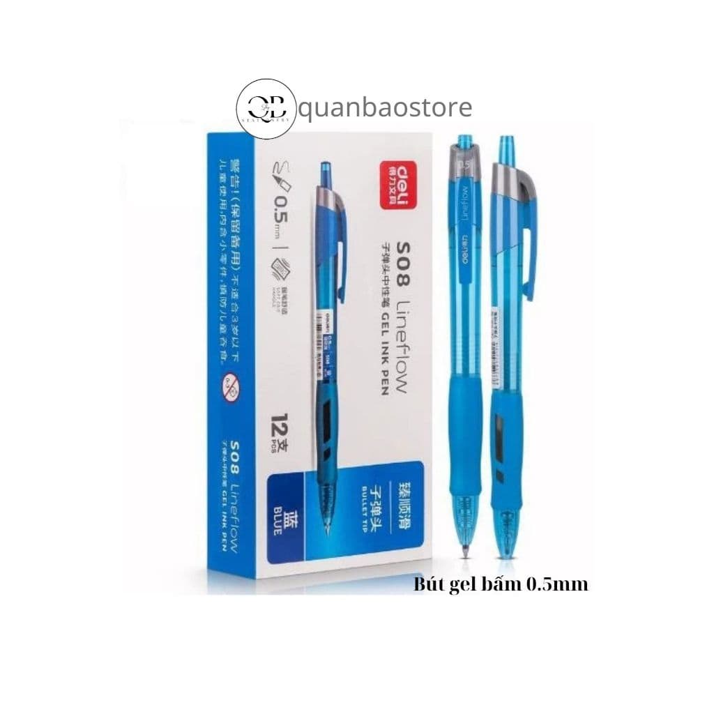 ( Hộp 12 cây)Bút gel bấm Deli S08 0.5mm thiết kế thon gọn trẻ trung, mực xanh- đen.