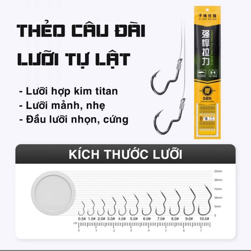 Thẻo câu đài buộc sẵn lưỡi tự lật tự động đóng đâm cá câu cá rô cá diếc cá chép cá trắm 1vỉ 10 cặp
