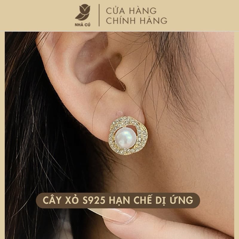 Bông Tai Nữ NHÀ CÚ Xoắn Tròn Đính Đá Nhụy Ngọc Màu Vàng Phong Cách Đi Tiệc Sang Trọng 18501