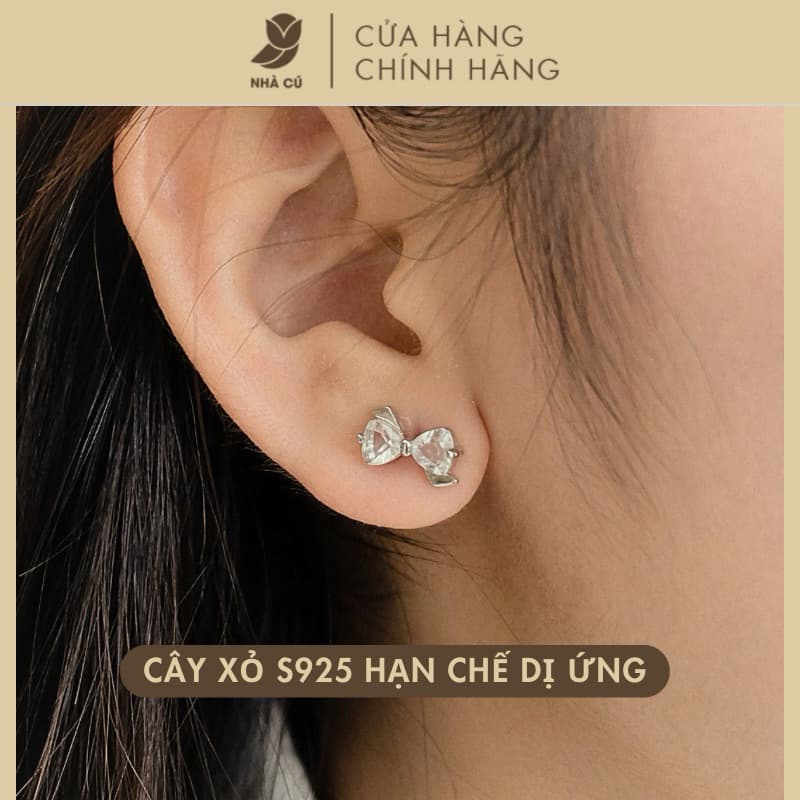 Bông Tai Nữ  Đá Zircon Cz 5A Hình Nơ NHÀ CÚ Cây Xỏ Bạc 925 Phong Cách Khuyên Tai Dễ Thương 17875