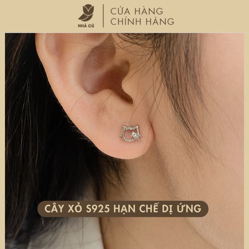 Bông Tai Nữ Cây Xỏ Bạc 925 NHÀ CÚ Hình Mèo Kitty Đính Đá Zicron Cz 5A Màu Bạc Dễ Thương 18507