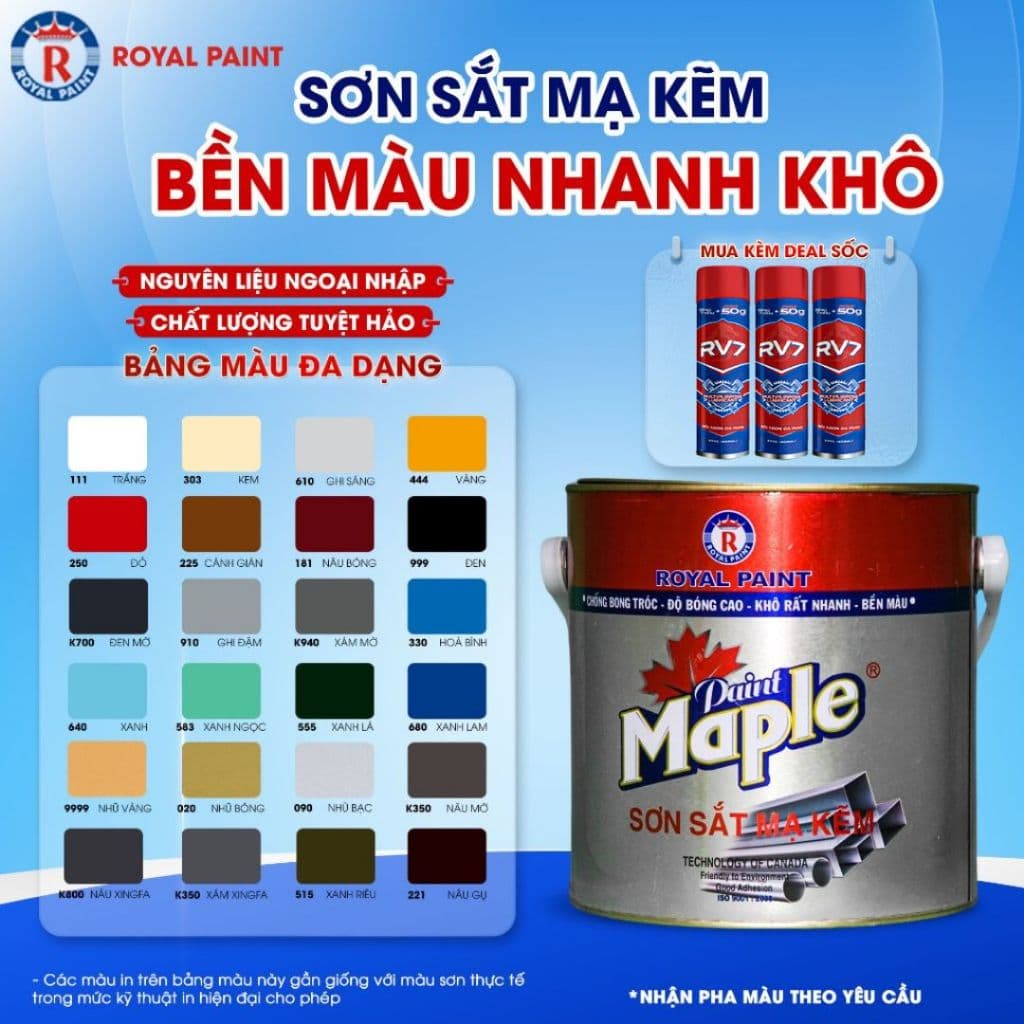 Sơn Sắt Mạ Kẽm MAPLE , Sơn Mạ Kẽm Loại Đặc Biệt Hệ 2 trong 1, Độ Bóng Cao, Bền Màu, Khang Tia UV Lon 0,75Kg - 2,6Kg
