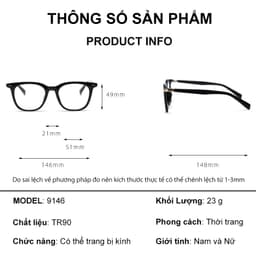 Gọng kính cận thời trang nam nữ ANDU EYEWEAR dáng vuông chống tia UV nhựa cốt kim loại - 9146 9