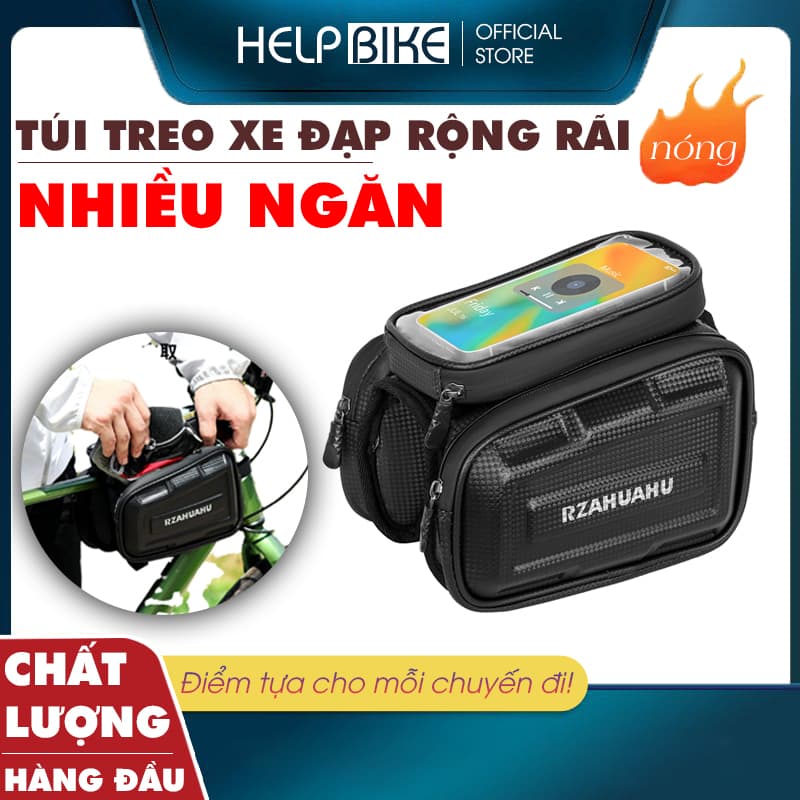 Túi Xe Đạp Treo Khung Sườn Đựng Đồ 2 Ngăn Vải PU Chống Nước, Túi Xe Đạp TPU Cảm Ứng Mượt - TX2N