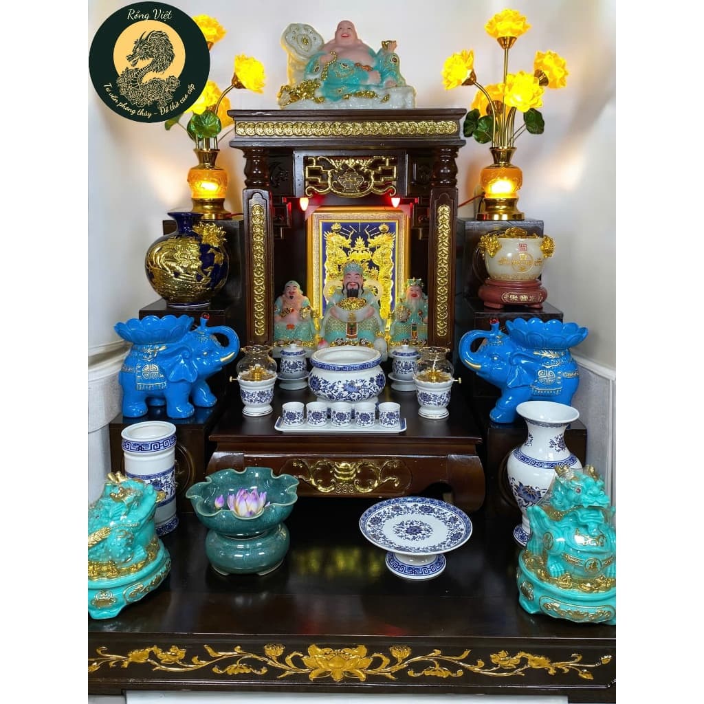 set ban 56 cột vuông đồng tiền RỒNG VIỆT,combo trọn bộ gấm xanh cho gia chủ mệnh thủy