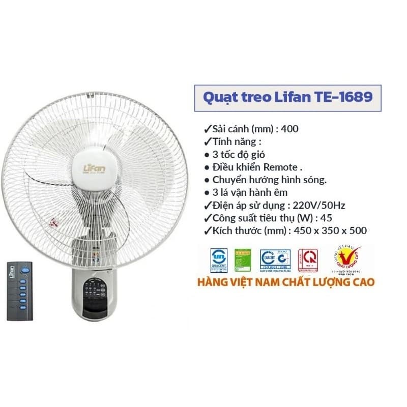 QUẠT TREO TƯỜNG remote LIFAN TE-1688, sãi cánh 40cm, 50w. bảo hành hãng 12 tháng