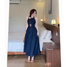 Đầm váy nữ yếm chất jean lụa mềm mại ba lỗ dáng xòe dài màu sắc trẻ trung, thanh lịch cho nàng chụp ảnh 7