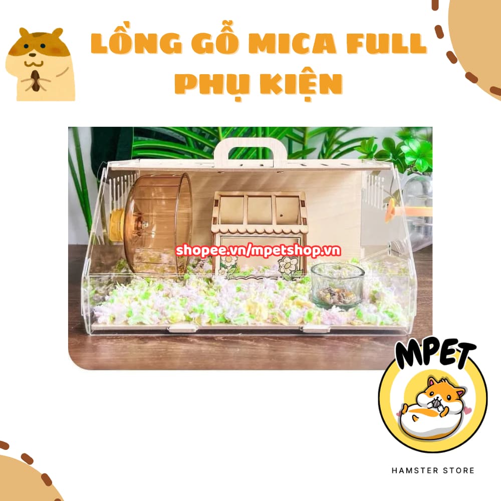 Lồng gỗ mica xách tay FULL PHỤ KIỆN - Trong suốt, thoáng khí