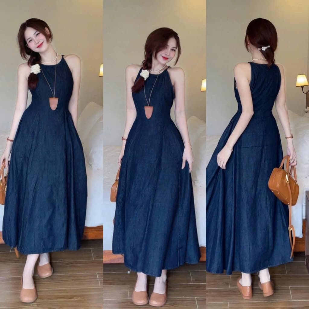 Đầm váy nữ yếm chất jean lụa mềm mại ba lỗ dáng xòe dài màu sắc trẻ trung, thanh lịch cho nàng chụp ảnh