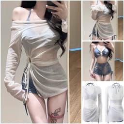 Đồ Bơi, Bikini Nữ Nhiều Mảnh Kèm Áo Lưới Xanh Biển QC 1