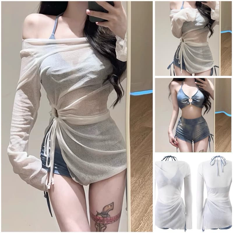 Đồ Bơi, Bikini Nữ Nhiều Mảnh Kèm Áo Lưới Xanh Biển QC